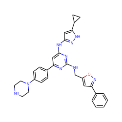c1ccc(-c2cc(CNc3nc(Nc4cc(C5CC5)[nH]n4)cc(-c4ccc(N5CCNCC5)cc4)n3)on2)cc1 ZINC000203007894
