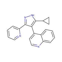 c1ccc(-c2n[nH]c(C3CC3)c2-c2ccnc3ccccc23)nc1 ZINC000012365475