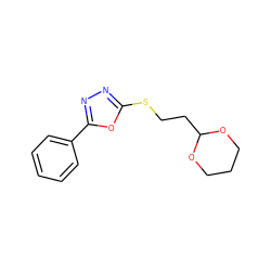 c1ccc(-c2nnc(SCCC3OCCCO3)o2)cc1 ZINC000000073385