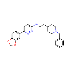 c1ccc(CN2CCC(CCNc3ccc(-c4ccc5c(c4)OCO5)nn3)CC2)cc1 ZINC000013863641