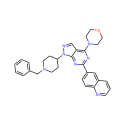 c1ccc(CN2CCC(n3ncc4c(N5CCOCC5)nc(-c5ccc6ncccc6c5)nc43)CC2)cc1 ZINC000045289093