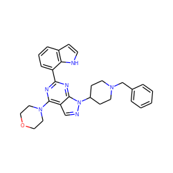 c1ccc(CN2CCC(n3ncc4c(N5CCOCC5)nc(-c5cccc6cc[nH]c56)nc43)CC2)cc1 ZINC000045317869