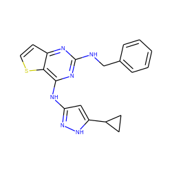 c1ccc(CNc2nc(Nc3cc(C4CC4)[nH]n3)c3sccc3n2)cc1 ZINC000063539379