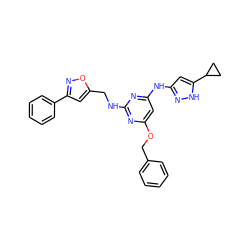 c1ccc(COc2cc(Nc3cc(C4CC4)[nH]n3)nc(NCc3cc(-c4ccccc4)no3)n2)cc1 ZINC000203004510