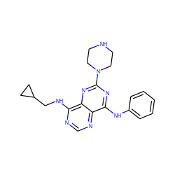 c1ccc(Nc2nc(N3CCNCC3)nc3c(NCC4CC4)ncnc23)cc1 ZINC000084633294