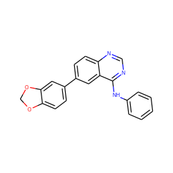 c1ccc(Nc2ncnc3ccc(-c4ccc5c(c4)OCO5)cc23)cc1 ZINC000004258602