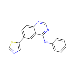 c1ccc(Nc2ncnc3ccc(-c4cncs4)cc23)cc1 ZINC000299852352