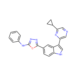 c1ccc(Nc2nnc(-c3ccc4[nH]cc(-c5cncc(C6CC6)n5)c4c3)o2)cc1 ZINC000204774188