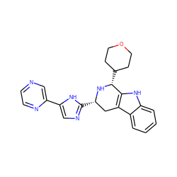 c1ccc2c3c([nH]c2c1)[C@@H](C1CCOCC1)N[C@@H](c1ncc(-c2cnccn2)[nH]1)C3 ZINC000653726653