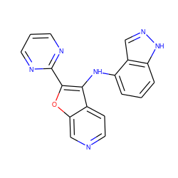 c1cnc(-c2oc3cnccc3c2Nc2cccc3[nH]ncc23)nc1 ZINC000066165807