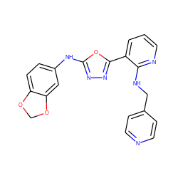 c1cnc(NCc2ccncc2)c(-c2nnc(Nc3ccc4c(c3)OCO4)o2)c1 ZINC000028569551