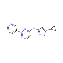 c1cncc(-c2nccc(Nc3cc(C4CC4)[nH]n3)n2)c1 ZINC000084596543