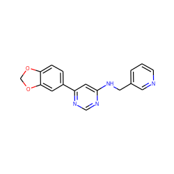 c1cncc(CNc2cc(-c3ccc4c(c3)OCO4)ncn2)c1 ZINC000004258590