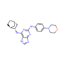 c1nc2nc(Nc3ccc(N4CCOCC4)cc3)nc(N[C@H]3C[C@H]4CC[C@H]3C4)c2[nH]1 ZINC000253669683