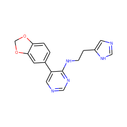 c1ncc(-c2ccc3c(c2)OCO3)c(NCCc2cnc[nH]2)n1 ZINC000004239482