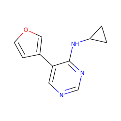 c1ncc(-c2ccoc2)c(NC2CC2)n1 ZINC000004239351